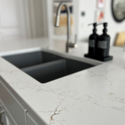 White marble countertops in a kitchen